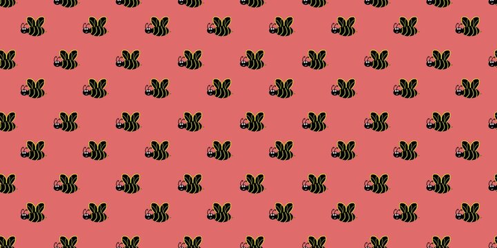 Seamless pattern of cute cartoon bumblebees with black and yellow stripes on a pink background. Minimalist flat vector illustration for textile, wallpaper, and nursery decor.