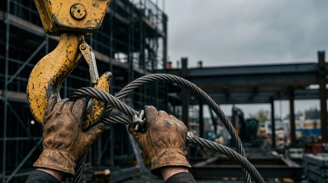 Construction worker hands connecting steel cable to heavy duty crane hook against industrial site background for safe heavy lifting operations.