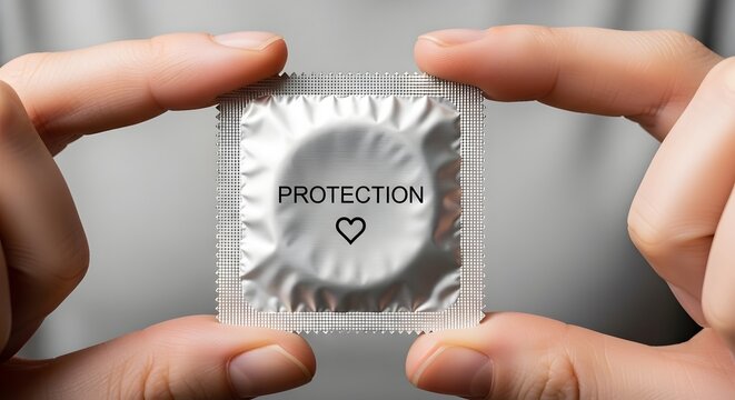 Condom protection in silver foil, safe sex concept, contraceptive held in hands