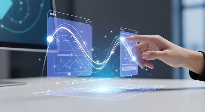 Good user experience (UX) concept. A designer's hand traces a smooth, fluid path through a holographic app interface, representing great UX.