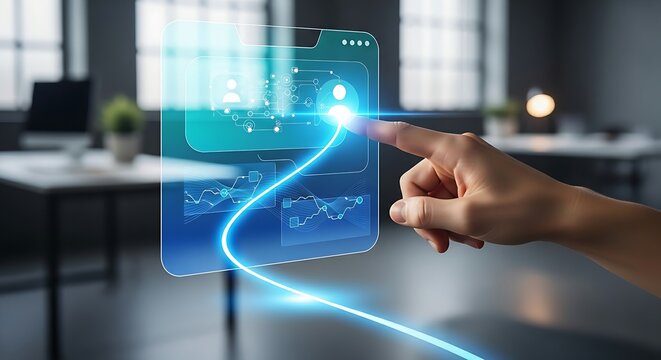 Good user experience (UX) concept. A designer's hand traces a smooth, fluid path through a holographic app interface, representing great UX.