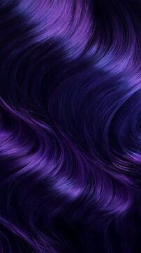 Woman with wavy violet hair in motion. Shiny purple hairstyle with glossy texture. Modern beauty trend for hair coloring and salon styling in fashion concept. Vertical video