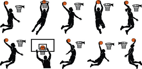 Basketball Player Silhouette Vector Set Featuring Athletes Slam Dunking into Hoops with Orange Balls © Mahan