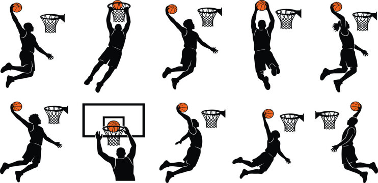 Basketball Player Silhouette Vector Set Featuring Athletes Slam Dunking into Hoops with Orange Balls