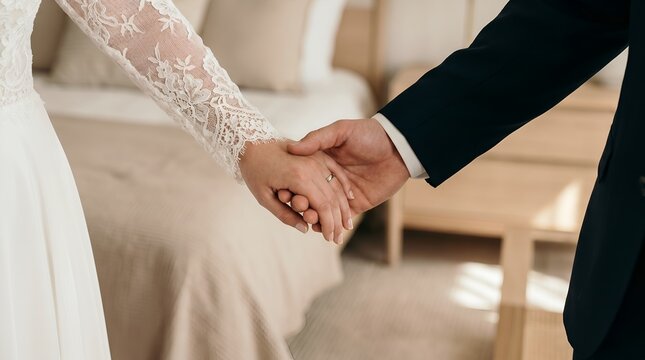 Bride and Groom Holding Hands with Wedding Ring, Romantic Couple in Bedroom