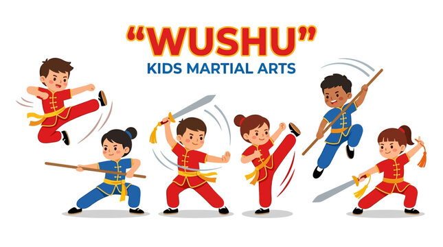 Dynamic illustration depicting diverse young children engaging in martial arts for children, showcasing various Wushu moves and traditional training with safety and skill
