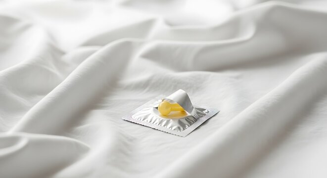 Opened condom wrapper on white bed sheets, safe sex concept