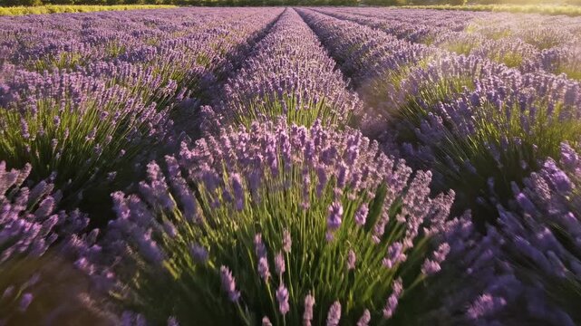Rows of blooming lavender flowers in a field during golden hour, gentle breeze rustling the plants, producing an atmosphere of tranquility and natural beauty.