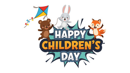 Fototapeta premium Happy Children's Day Celebration: Cheerful illustration features delightful characters, a bear, a rabbit, and a fox, celebrating the joy of childhood with a colorful kite and playful energy.