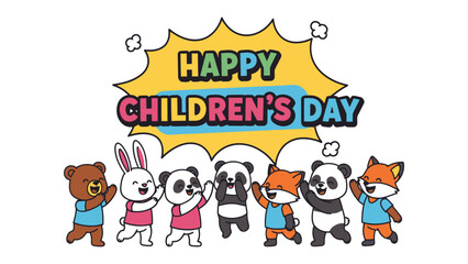 Fototapeta premium Children's Day: A vibrant illustration celebrating Children's Day features an array of adorable animal characters, each exuding joy and festivity beneath a colorful banner. 