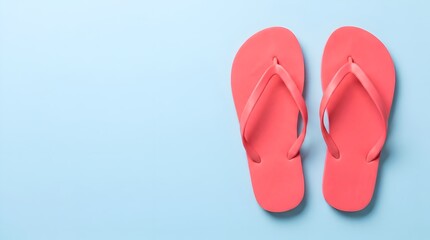 Fototapeta premium Coral Flip Flops on Light Blue Background, Summer Beach Footwear
