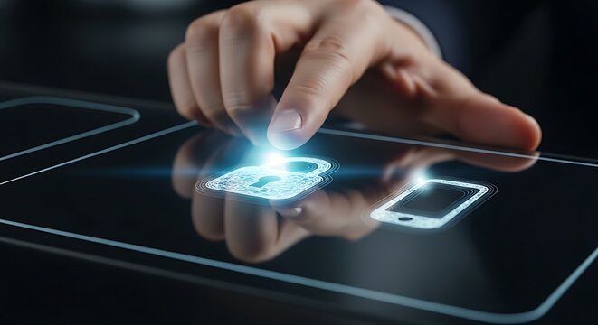 Two-step verification concept. A user's hand touches a 'padlock' icon and then a 'mobile phone' icon, which glow in sequence.