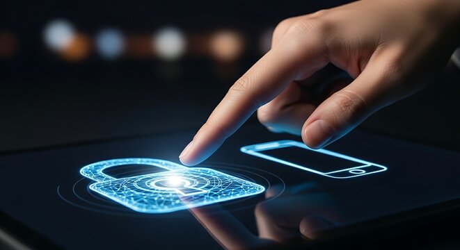 Two-step verification concept. A user's hand touches a 'padlock' icon and then a 'mobile phone' icon, which glow in sequence.