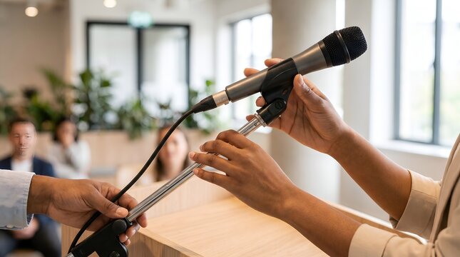 Hands Adjusting Microphone on Lectern in Conference Room