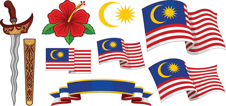 Malaysia Independence Day Vector Set with Waving Flag Kris Dagger Hibiscus Flower and Ribbon Banner