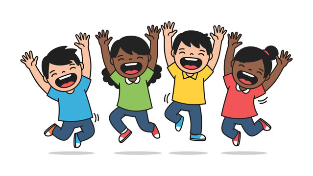 Joyful Leap: A group of diverse children leap into the air, arms raised in a display of unadulterated glee. capturing a scene of pure, innocent joy and youthful exuberance.