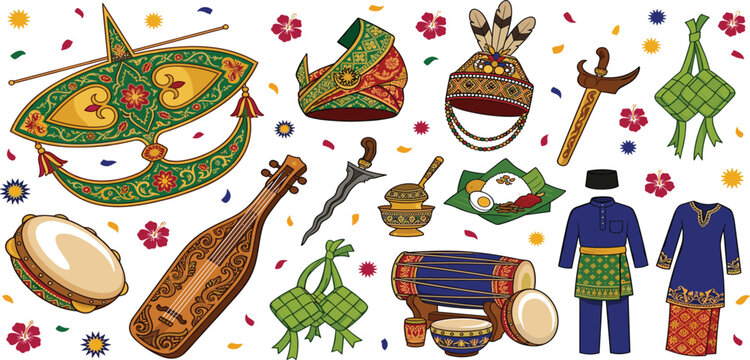 Malaysian Culture Heritage Vector Set Featuring Wau Bulan Kite Baju Kurung Clothing and Traditional Instruments
