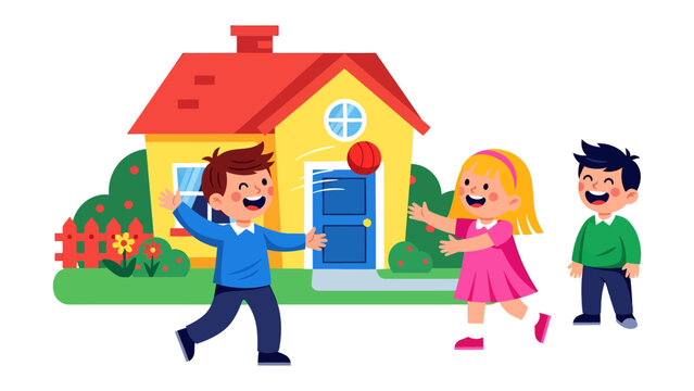 Playful Day in the Neighborhood: A group of children enjoys a cheerful game in front of a colorful house, a picture of childhood delight and community harmony.