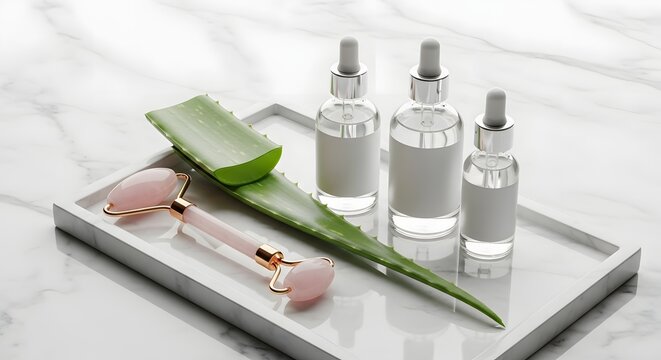 Natural skincare serum bottles, aloe vera leaf, rose quartz face roller