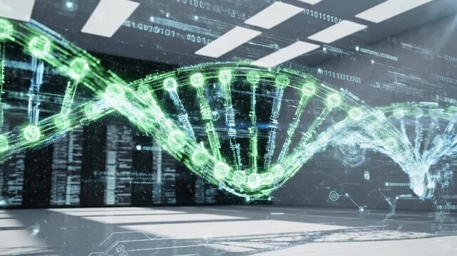 Digital dna helix structure glowing with blue and green light, data streams and security icons in a futuristic server room, biotechnology and genetic research visualization