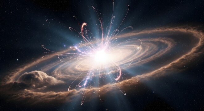 Cinematic supernova explosion, cosmic galaxy spiral, glowing star birth
