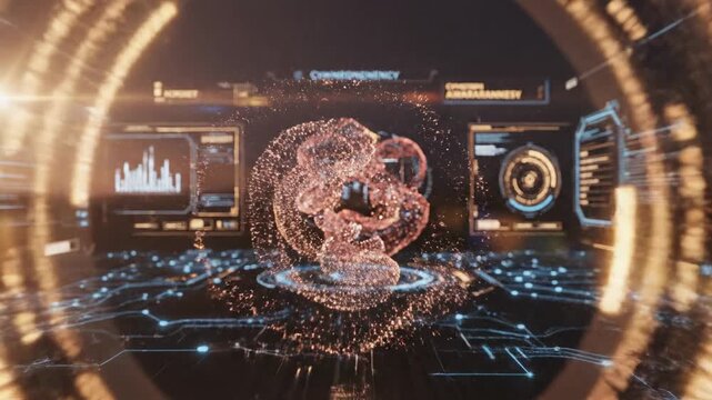 Futuristic glowing digital sphere exploding with particles and data streams, abstract technology background