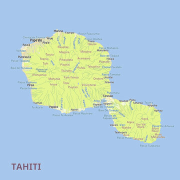 High-contrast, stylized urban map of Tahiti, French Polynesia, featuring its unique "figure-eight" volcanic structure and coastal infrastructure.