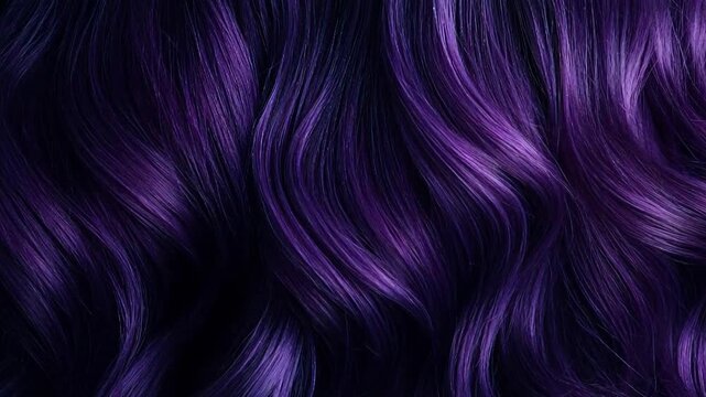 Wavy violet hair texture shown in detail. Close up of shiny purple dyed locks for a modern fashion look. Haircare concept for vibrant color and healthy glow.