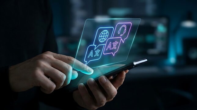 Futuristic AI Chatbot Hologram Interface Displayed on Smartphone with Digital Communication Technology Concept
