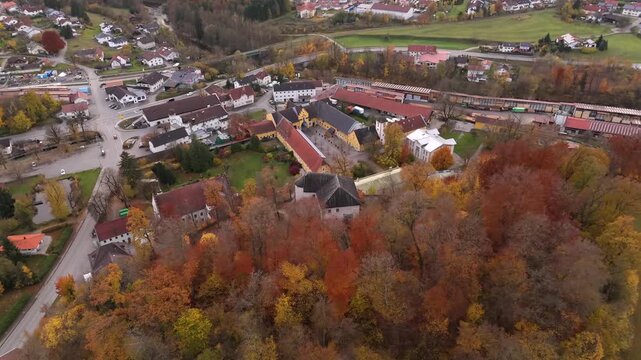 Aerial view of Schloss Stein an der Traun, located above the Trauntal in Stadt Traunreut, Traunstein district, Bavaria, Germany. Luftbild der Felsenburg Stein an der Traun. Bayern, Deutschland.