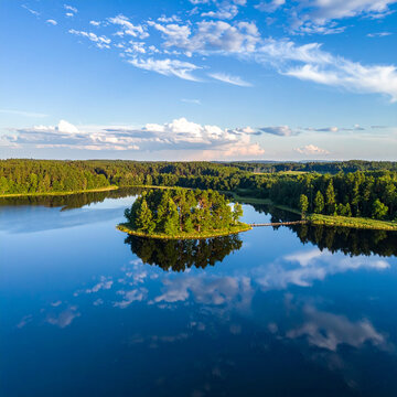 Lush Green Island In Lake