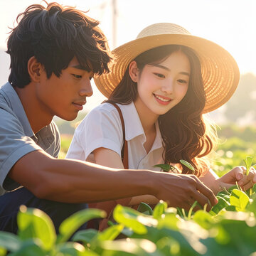 Young couple gardening together outdoors