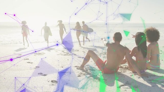 Seated trio pointing to beach after poly overlay thinning and revealing surfboard waving for travel