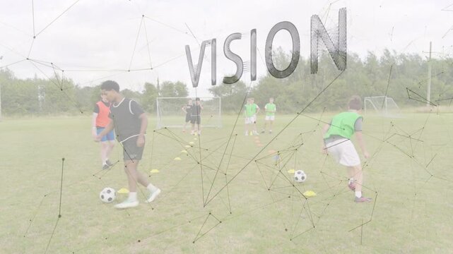Coach signaling training players dribbling cones, passing while overlays showing strategy