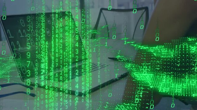 Open laptop showing code sending green data streams flowing over woman's arm, hiding items for tech
