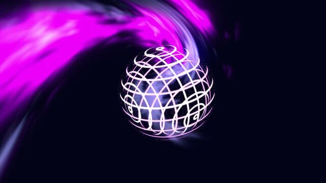 Magenta and blue ribbons approaching top-left sweeping around glowing wireframe orb, showing depth