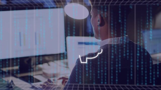 Man typing at keyboard in office, avatar popping, AI brain analyzing pics for automation, reacting