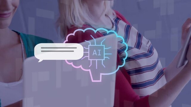 Two women tapping tablet and typing laptop while neon AI brain generating thumbnails for designers
