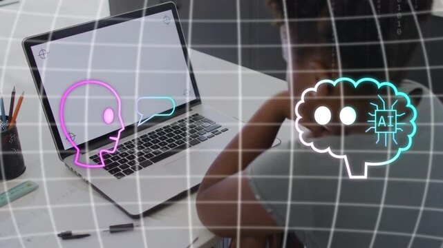 Girl at desk resting, blank laptop sparking grid, education head and AI brain chatting, dissolving
