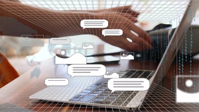 Woman tapping phone over PC and managing tech chats, typing, checking VR icons spawning over keys