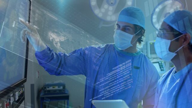 Two surgeons consulting in OR, right surgeon tapping tablet showing data overlays for surgery plan