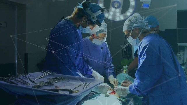 Surgical team preparing tray, performing surgery, exchanging tools with overlay hovering over field
