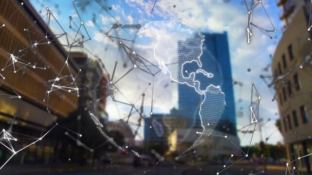 Overlay appearing, globe and node network rotating, sending points, showing global links over city