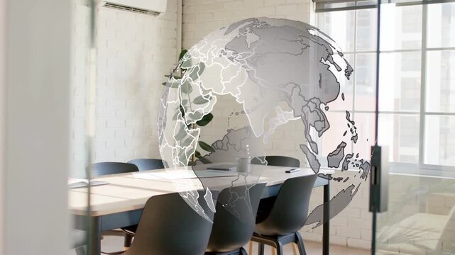 Globe appearing from glass, growing and rotating over table and chairs, showing global teamwork