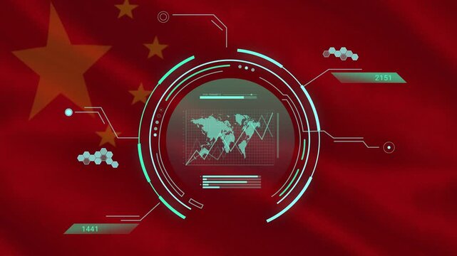 Central HUD appearing over waving red flag, rotating rings and drawing chart, visualizing data
