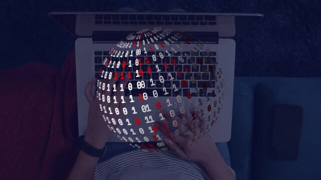 Woman typing laptop starting growing binary globe over keyboard hiding hands showing tech data flow
