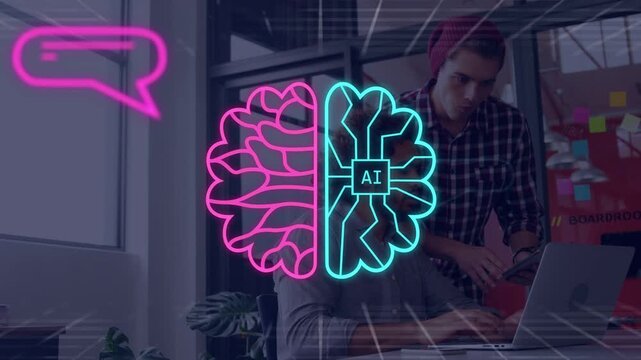 Two developers typing at laptop, initiating brain overlay, AI chip appearing, chat icons rising