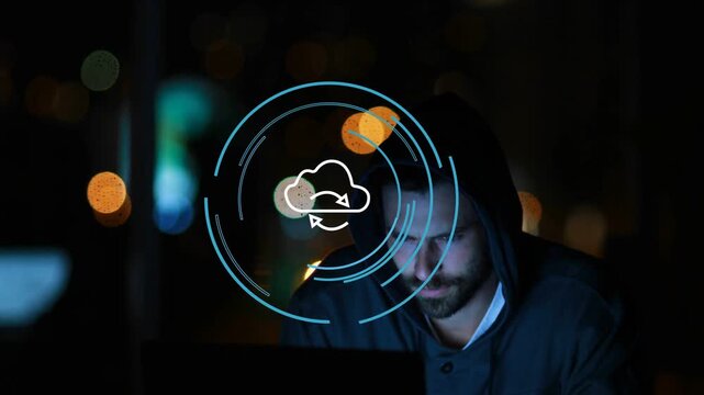 Man leaning into laptop, tech starting cloud sync for backup, rotating rings centering over face