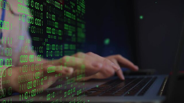Woman's hands starting typing after resting on keyboard, binary column animating handling tech data
