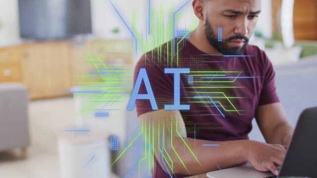 Man typing laptop at kitchen, keystrokes activating expanding AI blocks while debugging software